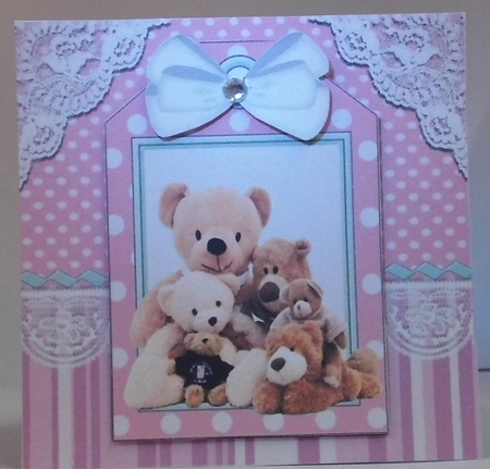 Cute teddy bears with white bow on a tag, pink striped 7x7 frame by Hazel Underwood