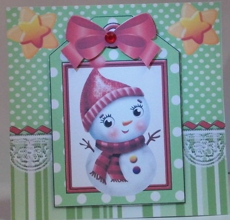Lovely whimsical snowman on a tag green striped 7x7 frame by Hazel Underwood