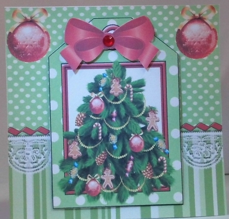 Lovely christmas tree with baubles on a tag green striped 7x7 frame by Hazel Underwood