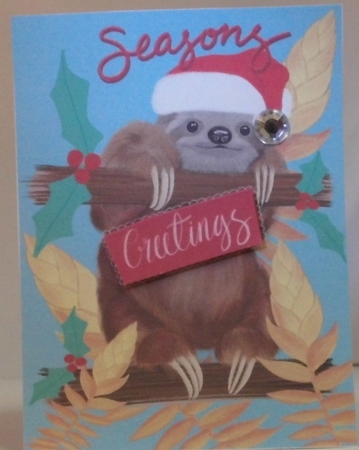 Cute Christmas Sloth Card Front by Hazel Underwood