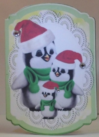 Trio of Penguins  on lace bracket card by Hazel Underwood