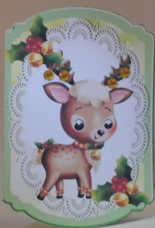 Cute Deer with bells  on lace bracket card by Hazel Underwood