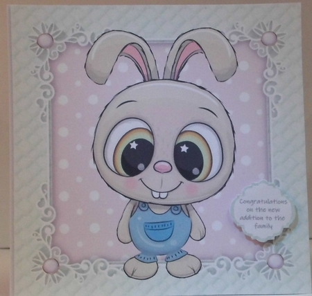 Beautiful bunny in blue dungarees  8x8 by Hazel Underwood
