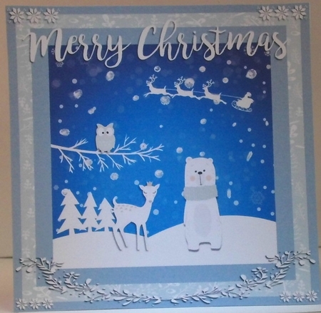 Merry Christmas greeting card with bear, reindeer and owl by Hazel Underwood