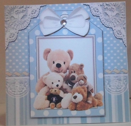  4 Cute teddy bears, white bows on a tag, striped 7x7 frame card fronts mini kit by Hazel Underwood