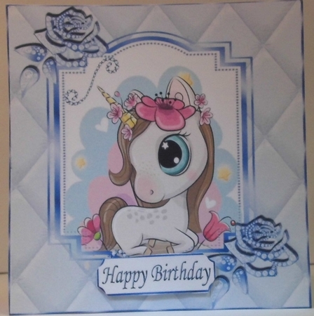 Pretty diamante rose corners with blue quilt  & unicorn 8x8 by Hazel Underwood