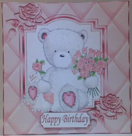 Pretty diamante rose corners with pink quilt & teddy frame 8x8 by Hazel Underwood
