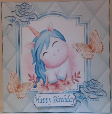 Pretty diamante rose corners with turq quilt frame  &  pretty unicorn 8x8 by Hazel Underwood