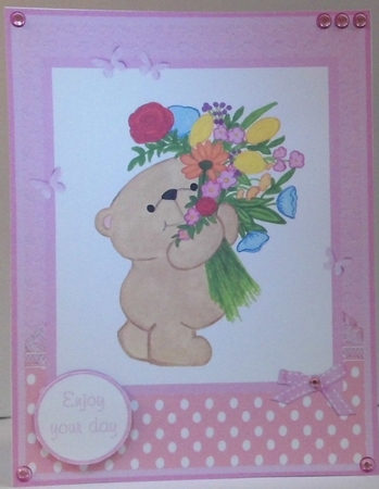 Birthday greeting card with handmade bear and flowers by Hazel Underwood
