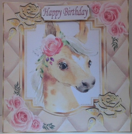 Pretty diamante rose corners with gold quilt card front with horse 8x8 by Hazel Underwood