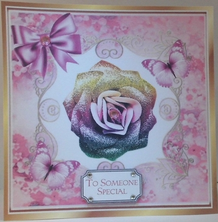 Pretty pink rainbow glitter rose with butterflies in floral frame 8x8 by Hazel Underwood
