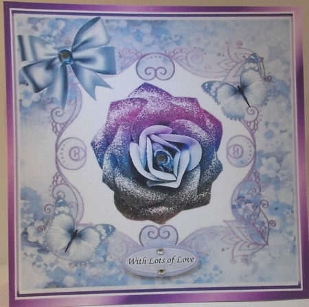 Pretty blue rainbow glitter rose with butterflies in floral frame 8x8 by Hazel Underwood
