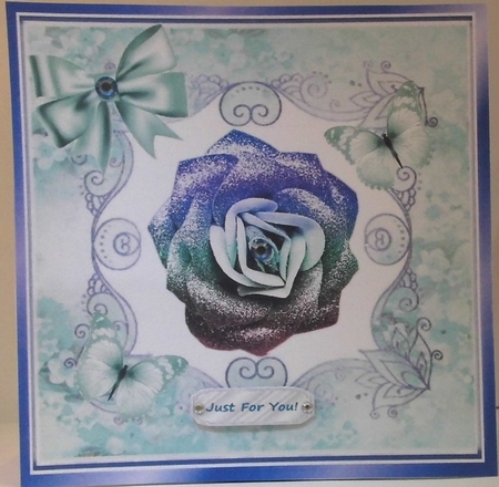 Pretty turq rainbow glitter rose with butterflies in floral frame 8x8 by Hazel Underwood