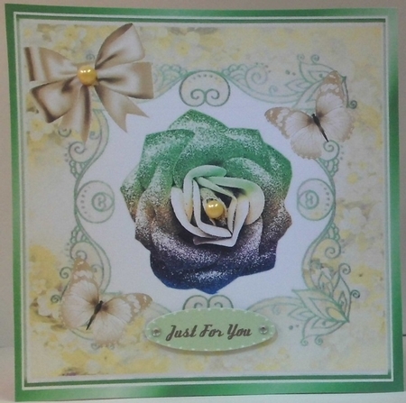 Pretty gold rainbow glitter rose with butterflies in floral frame 8x8 by Hazel Underwood