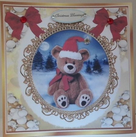 Cute teddy in santa hat in snowball frame with red bows 8x8 (one) by Hazel Underwood
