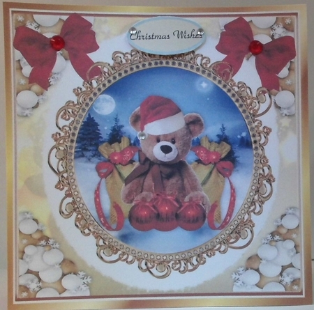 Cute teddy in santa hat in snowball frame with red bows 8x8 (two) by Hazel Underwood