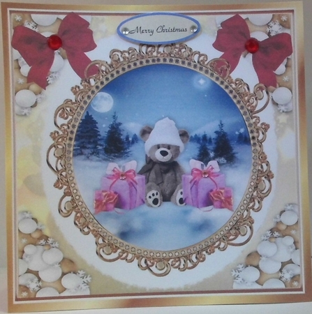 Cute teddy in a hat in snowball frame with red bows 8x8 (three) by Hazel Underwood