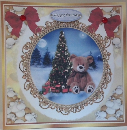 Cute teddy with tree in snowball frame with red bows 8x8 (four) by Hazel Underwood