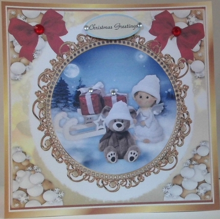 Cute teddy with angel in snowball frame with red bows 8x8 (five)) by Hazel Underwood