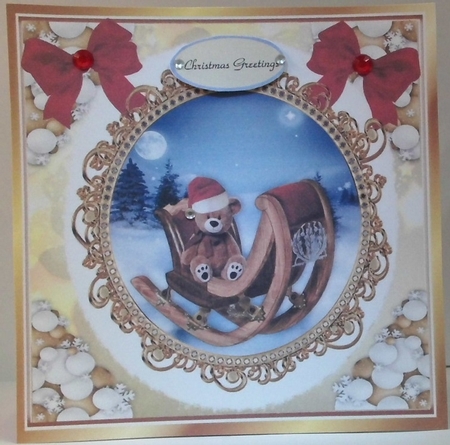 Cute teddy in a sleigh snowball frame with red bows 8x8 (six)) by Hazel Underwood
