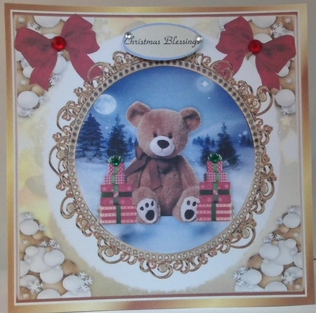 Cute teddy with presents snowball frame with red bows 8x8 (seven)) by Hazel Underwood