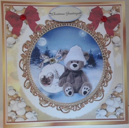 Cute teddy with white bauble in a snowball frame with red bows 8x8 (eight)) by Hazel Underwood