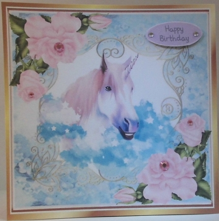 pretty watercolour unicorn blue clouds/stars/pink roses ornate frame 8x8 (one) by Hazel Underwood