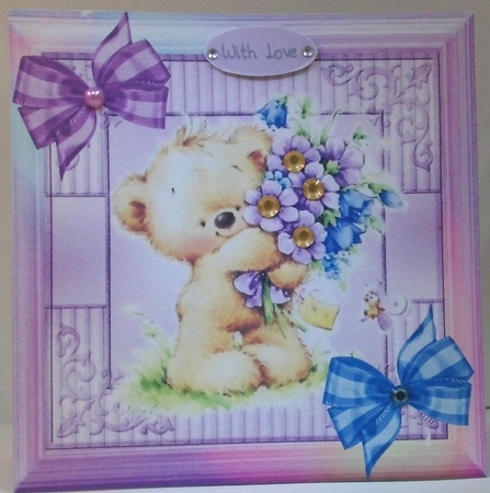 Cute teddy with bunch of flowers in rainbow frame 8x8 with pyramids by Hazel Underwood