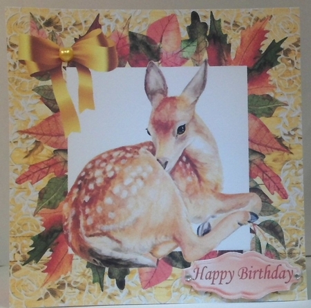 Pretty deer in autumn leaf 8x8 frame with bow by Hazel Underwood