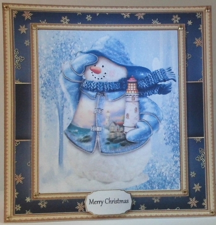 Cute snowman with lighthouse  8x8 by Hazel Underwood