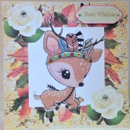 sweet little deer with roses in autumn leaf frame 8x8 by Hazel Underwood