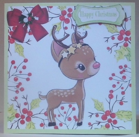 Cute baby deer in holly/berry frame with bow 7x7 by Hazel Underwood