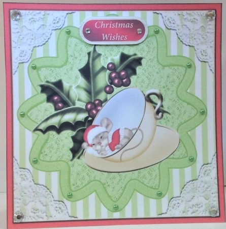 Cute little mouse in santa hat sleeping in teacup with holly 8x8 by Hazel Underwood