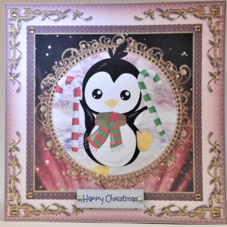 3 candy cane penguin Christmas card fronts/toppers by Hazel Underwood