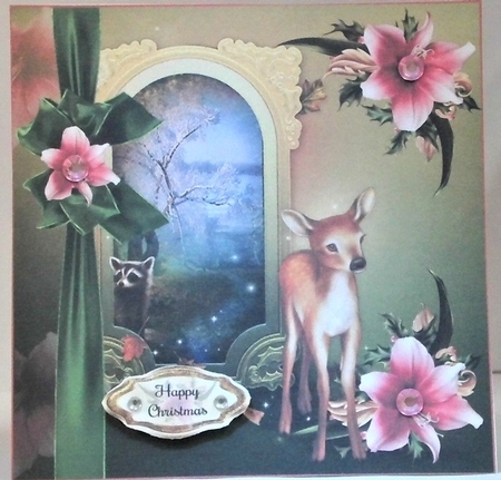 Fawn Christmas Card Front With Decoupage by Hazel Underwood
