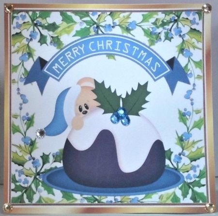 Peek a boo teddy with christmas pudding 8x8 ( blue) by Hazel Underwood