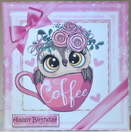 Cute owl in coffee cup with pink bows 8x8 by Hazel Underwood