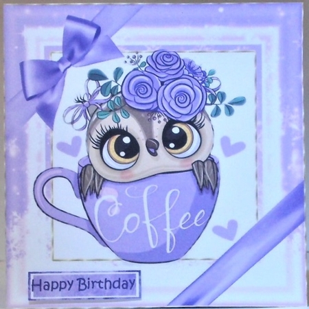 Cute owl in coffee cup with purple bows 8x8 by Hazel Underwood