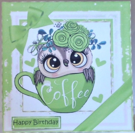 Cute owl in coffee cup with green bows 8x8 by Hazel Underwood