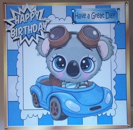 Cute Koala Bear in little blue car 8x8 by Hazel Underwood