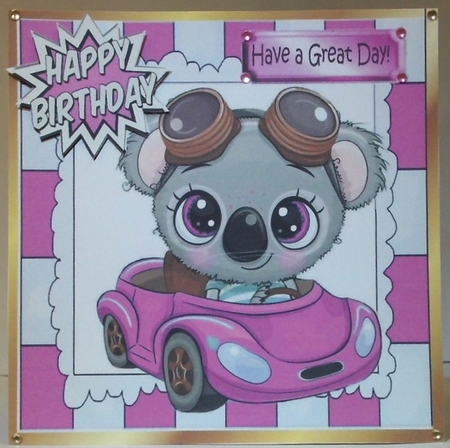 Cute Koala Bear in little pink car 8x8 by Hazel Underwood