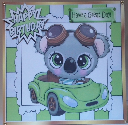 Cute Koala Bear in little green car 8x8 by Hazel Underwood