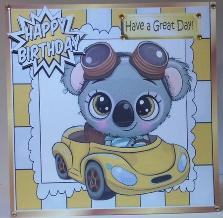 Cute Koala Bear in little gold car 8x8 by Hazel Underwood