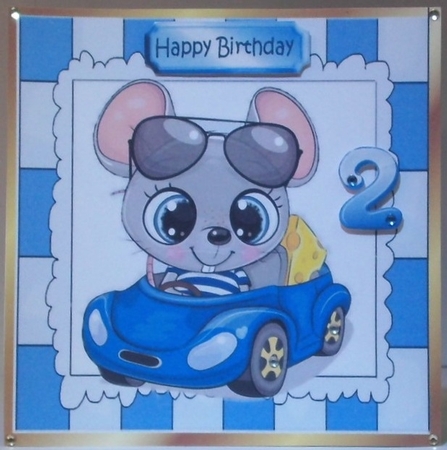 cute mouse in blue car 8x8 by Hazel Underwood