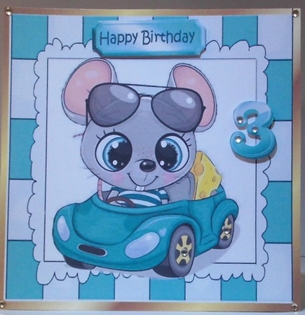 cute mouse in turq car 8x8 by Hazel Underwood