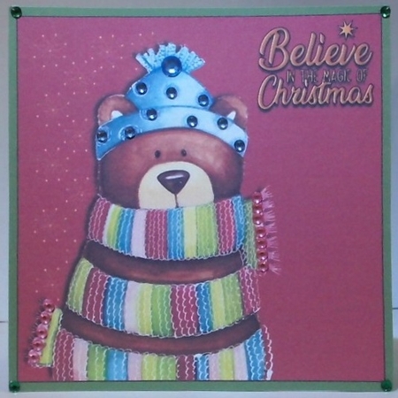 Christmas teddy 7x7 3d decoupage quick card by Hazel Underwood