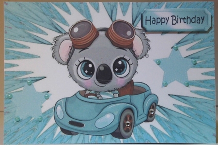 Cute Koala Bear in little turq car with stars A5 by Hazel Underwood