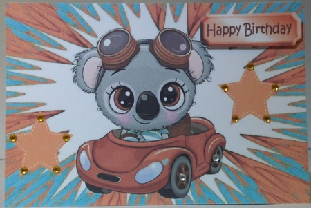 Cute Koala Bear in little orange car with stars A5 by Hazel Underwood