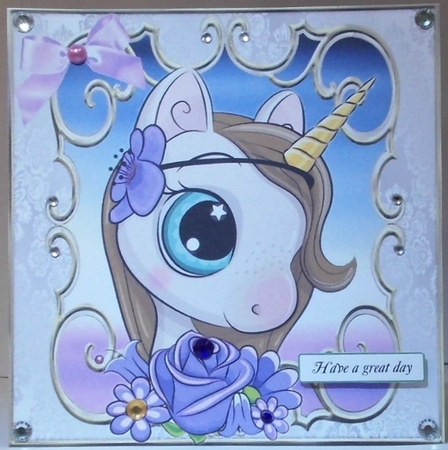  4 Sweet princess unicorn watercolour flowers & bow card fronts 8X8 mini kit by Hazel Underwood