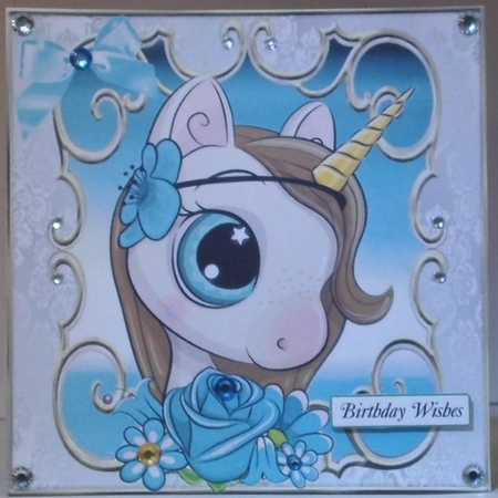  4 Sweet princess unicorn watercolour flowers & bow card fronts 8X8 mini kit by Hazel Underwood